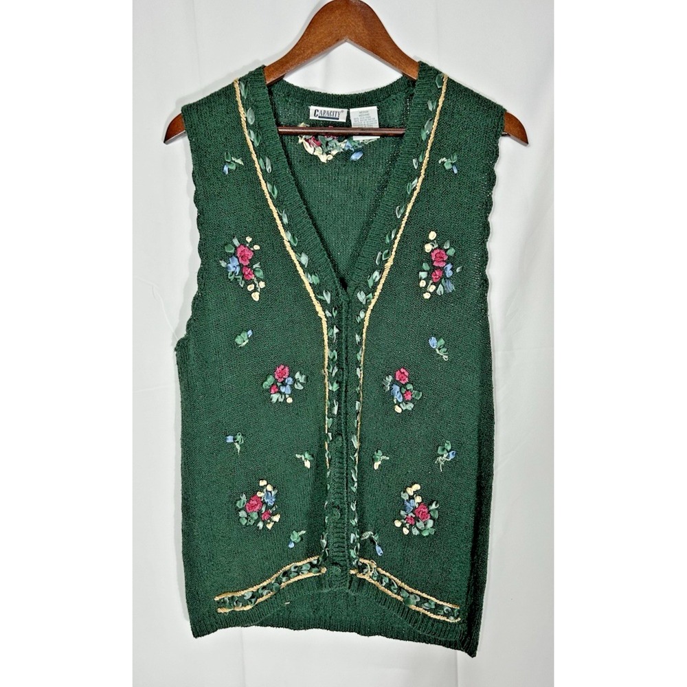 Vintage Capacity Sweater‎ Vest Size M Floral Silk Green Forest Fairy Cottagecore